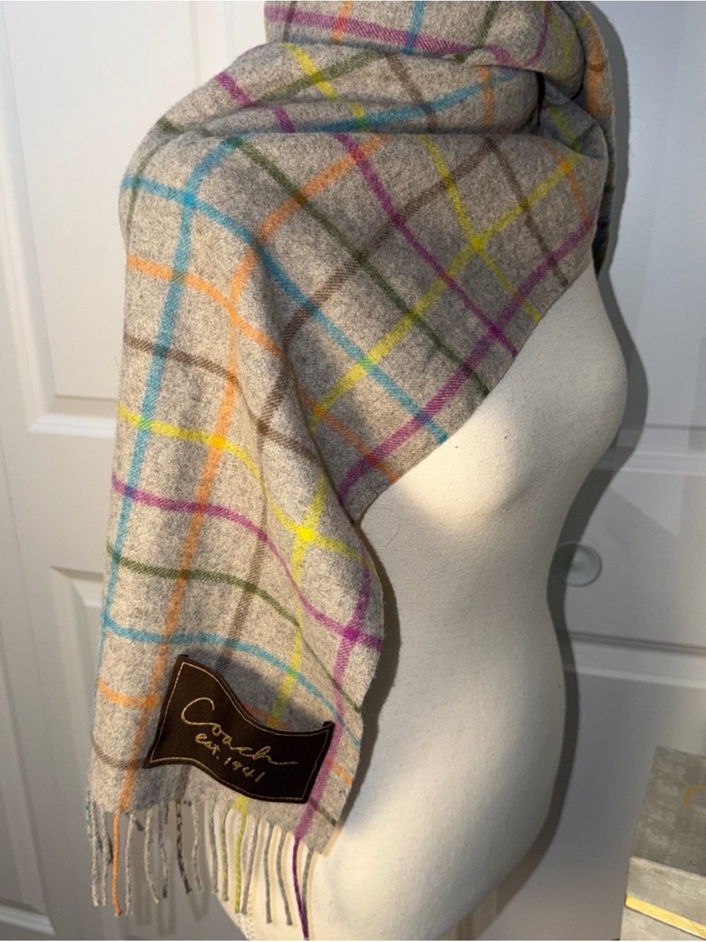 Coach Multicolor Plaid  Scarf in Neutral Base with Bright Accents wool cashmere
